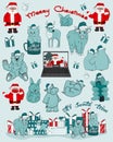 Christmas set of Santa Claus, bear, hippo, cow, kitten, deer, New Year gifts, laptop, video call, mask, tardigrade, rabbit in blue