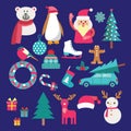 Christmas set with Santa Claus, snowman, reindeer, penguin, skates