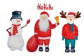 Christmas set with santa, snowman and deer. Watercolor for greeting or post cards, prints on t-shirts, phone cases,book and other Royalty Free Stock Photo