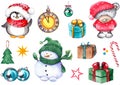 Christmas set with snowman, teddy bear, penguin, gift boxes, clock, balls, candy cane and stars.