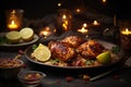 Christmas Set Table with Juicy Chicken, Beautiful Golden Plates, HD Quality Stock Photo