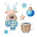 Cute characters deer, sledge, scarf, ÃÂhristmas toy, cup, star, snowflake and decor.