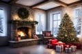 Christmas setting, cozy home, fireplace, Christmas tree and presents