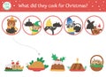 Christmas shadow matching activity for children. Winter puzzle with cute animals and traditional food. New Year educational game