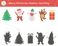 Christmas shadow matching activity for children. Winter puzzle with cute objects. Educational game for kids with fir tree, snowman