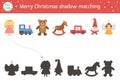 Christmas shadow matching activity for children. Winter puzzle with cute toys. Educational game for kids with doll, teddy bear,
