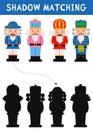 Christmas shadow matching activity for children. Winter puzzle with nutcrackers. New Year educational game for kids