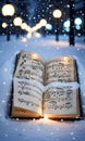 Christmas Sheet Music In The Snow, The Notes Illuminated By Street Lights. Generative AI Royalty Free Stock Photo