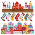 Christmas Shelf with Stocking and Holiday Gifts Royalty Free Stock Photo