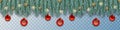 Christmas shine garland. Winter holidays border with fir branches, golden stars, red balls and lights on transparent background