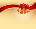 Christmas shiny background with a bell, a red bow and a ribbon with a golden border. Print, poster vector Royalty Free Stock Photo