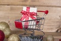 Christmas shopping background composition over the wooden