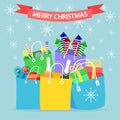 Christmas shopping bags, package with candy, lollipops, toys, fireworks isolated on background. Big sale. Pile of presents,