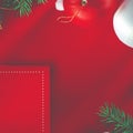 Christmas shopping concept Paper bag full of fir tree and christmas balls with pine cone on red background top view Royalty Free Stock Photo