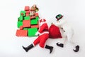 Christmas shopping, Santa and Snowman running, holding many gift boxes