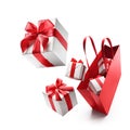 White color gift boxes pop out from red shopping bag Royalty Free Stock Photo