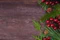 Christmas side border with evergreen branches, red berries and pine cones on a dark wood background Royalty Free Stock Photo