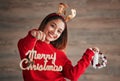 Christmas sign, happiness and woman portrait with xmas and festive season decorations. Wow, excited and isolated female Royalty Free Stock Photo