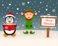 Christmas Sign - Penguin & Cute Green Elf