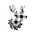 Christmas silhouette of deer buffalo plaid with floral wreath isolated on white background.