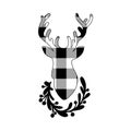 Christmas silhouette of deer buffalo plaid with floral wreath isolated on white background.