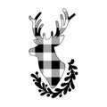 Christmas silhouette of deer buffalo plaid with floral wreath isolated on white background. Royalty Free Stock Photo