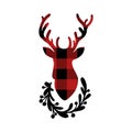 Christmas silhouette of deer red buffalo plaid with floral wreath isolated on white background. Royalty Free Stock Photo