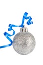Christmas silver ball with blue ribbon Royalty Free Stock Photo