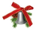 Christmas silver bell with fir branches, cone and red bow ribbon isolated on white background. Xmas or New Year elements for Royalty Free Stock Photo