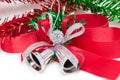 Christmas Silver Bell With Red Ribbon. Royalty Free Stock Photo