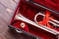 Christmas silver trumpet in box. Royalty Free Stock Photo