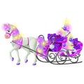 Christmas sketch with animated horse with a pink mane and hooves with a sleigh filled with gift boxes and baubles