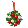 Christmas sketch with hanging wreath of fir twigs and leaves of Holly decorated with red and white glass balls and Royalty Free Stock Photo