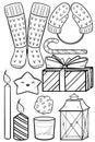 Christmas sketches, icons on white background. Set of black and white Christmas stickers. Christmas star, Santa Claus, milk with c Royalty Free Stock Photo