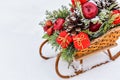 Christmas sled with gifts isolated on white snow