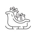 Christmas sled. Santa Claus sleigh vector line icon. Merry Christmas sign. Santa Claus with gift illustration on Royalty Free Stock Photo