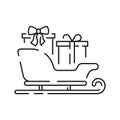 Christmas sled. Santa Claus sleigh vector line icon. Merry Christmas sign. Santa Claus with gift illustration on Royalty Free Stock Photo