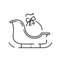 Christmas sled. Santa Claus sleigh vector line icon. Merry Christmas sign. Santa Claus with gift illustration on Royalty Free Stock Photo