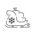 Christmas sled. Santa Claus sleigh vector line icon. Merry Christmas sign. Santa Claus with gift illustration on Royalty Free Stock Photo