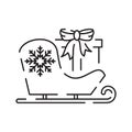 Christmas sled. Santa Claus sleigh vector line icon. Merry Christmas sign. Santa Claus with gift illustration on Royalty Free Stock Photo