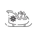 Christmas sled. Santa Claus sleigh vector line icon. Merry Christmas sign. Santa Claus with gift illustration on Royalty Free Stock Photo