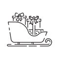 Christmas sled. Santa Claus sleigh vector line icon. Merry Christmas sign. Santa Claus with gift illustration on Royalty Free Stock Photo