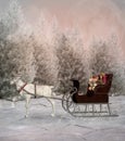 Christmas sledge and its white reindeer in a winter scenery