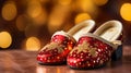 Christmas and New Year red ladies Shoes, Lights Background