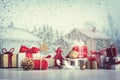 Christmas small gift boxes and Christmas decorations Royalty Free Stock Photo