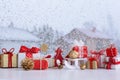 Christmas small gift boxes and Christmas decorations Royalty Free Stock Photo