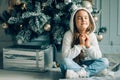 Christmas. Small girl asking santa for the gifts on christmas Royalty Free Stock Photo