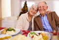 Christmas, smile and portrait of senior couple in home for dinner, bonding and happy together at party. Xmas, face and Royalty Free Stock Photo