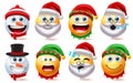 Christmas smiley characters vector set. Smileys xmas character element like santa claus, snow man and elf isolated in white. Royalty Free Stock Photo