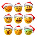 Christmas Smiley face emojis or yellow emoticons in glossy 3D realistic with Santa`s hat, vector illustration.